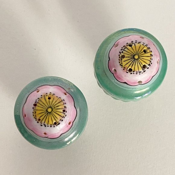 Cherry Blossom Aqua Lusterware Salt Pepper Shakers Made In Japan - Picture 3 of 6